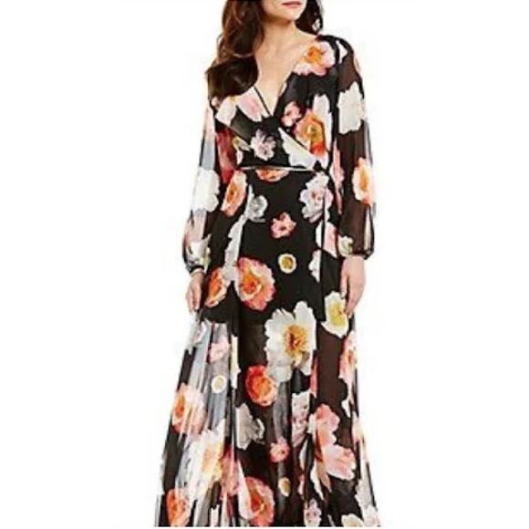 GB GIANNI BINI FLORAL PLUNGE CRISS CROSS MAXI DRESS IN BLACK PRE-OWNED MEDIUM - Picture 1 of 14